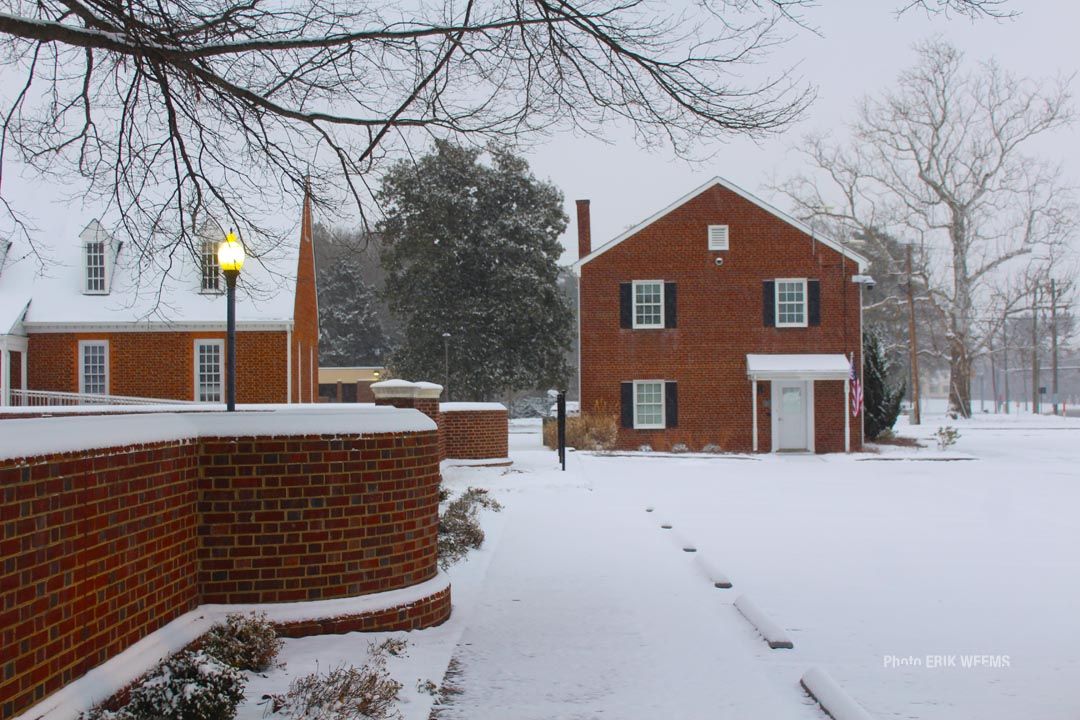 Brick government buildings in the snow