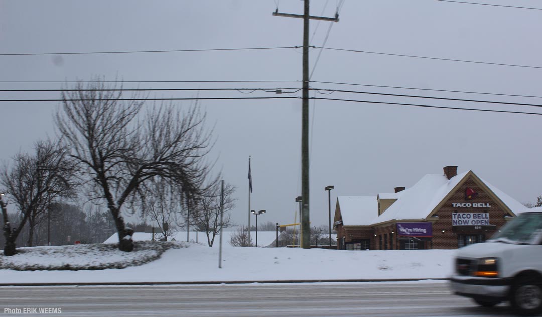 Snow on Ironbridge Road and Taco Bell