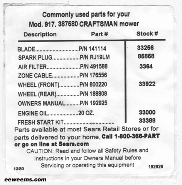 Craftsman lawn mower model deals 917 air filter