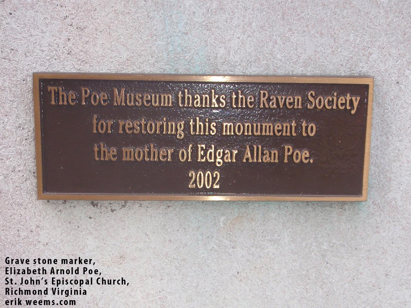 Raven Society plaque at the grave marker for Eliza Poe