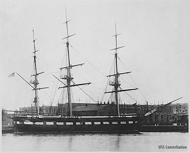 USS Constellation wooden ship at port